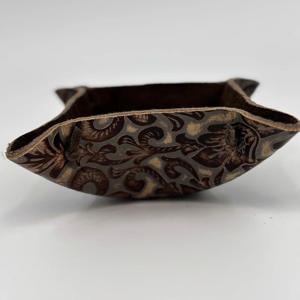 Leather‎ Catchall Tray Unisex Brown Tooled Floral Rustic Valet Tray Jewelry New